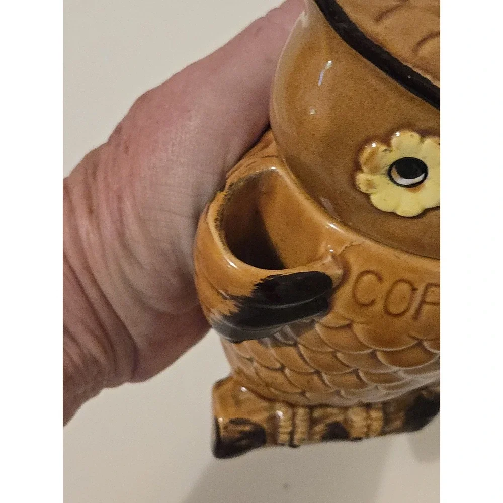 Vintage 70s Ceramic Brown Owl Coffee Canister Jar Retro Kitchen Decor Japan